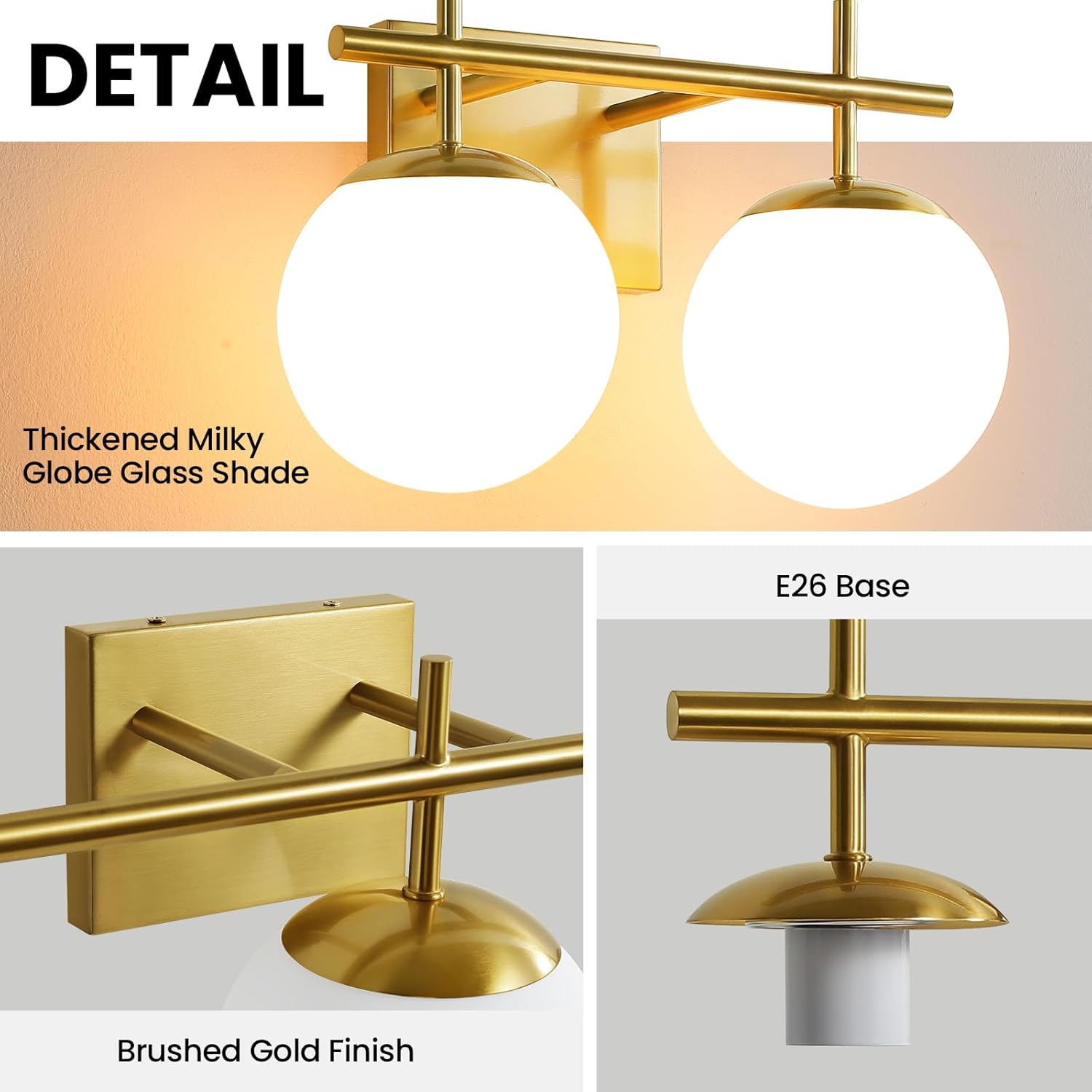 Gold Vanity Light, 2-Light Bathroom Lighting Fixtures Over Mirror Milky White Glass Globe Shades, Modern Vanity Lighting Fixtures Wall Sconce 14 Inch (Exclude E26 Bulb)